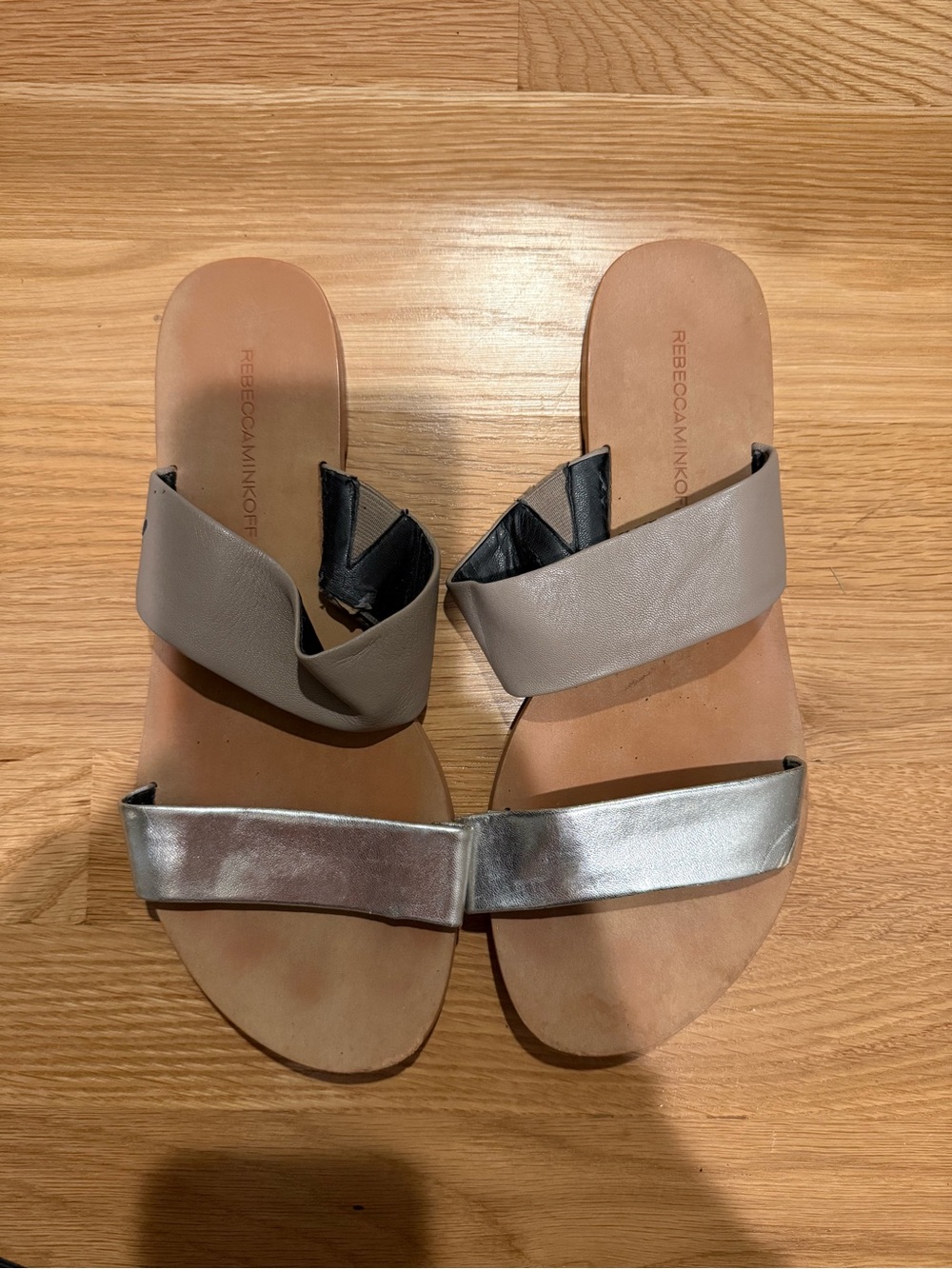Rebecca Minkoff Taupe and Silver Slide Sandals
